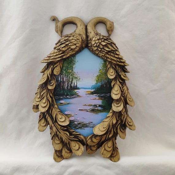 Victorian Ornate Peacock Frame Oil Painting | Hand Painted Romantic Landscape | Vintage Gold Frame Wall Art Decor | Landscape wall art
