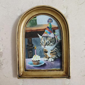 Handmade Cat Oil Painting: Victorian Style Art with Vintage Frame Antique Gold 13X18cm