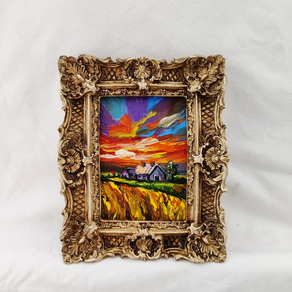 Mini Framed Landscape Art – Countryside Artwork with Cottagecore Style – Decorative Miniature Wall Painting,Tiny Cottagecore Wall Art