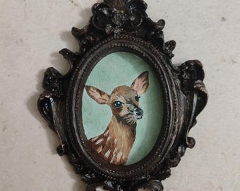 antique framed handmade gazelle oil painting, miniature vintage framed gazelle painting, antique framed painting,gazelle wall art decor.