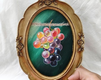 Pintura al óleo original de naturaleza muerta de uvas, 16 x 21 cm, con marco dorado antiguo: arte único hecho a mano, pintura al óleo de uvas, arte mural de uvas