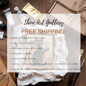 May include: A black cat with a glass of wine in its paw sits on a gold background. The text "Shine Art Gallery" and "FREE SHIPPING" is displayed in a white box. The text below lists the benefits of purchasing from this shop, including free shipping, sturdy packaging, and a personalized note paper option.