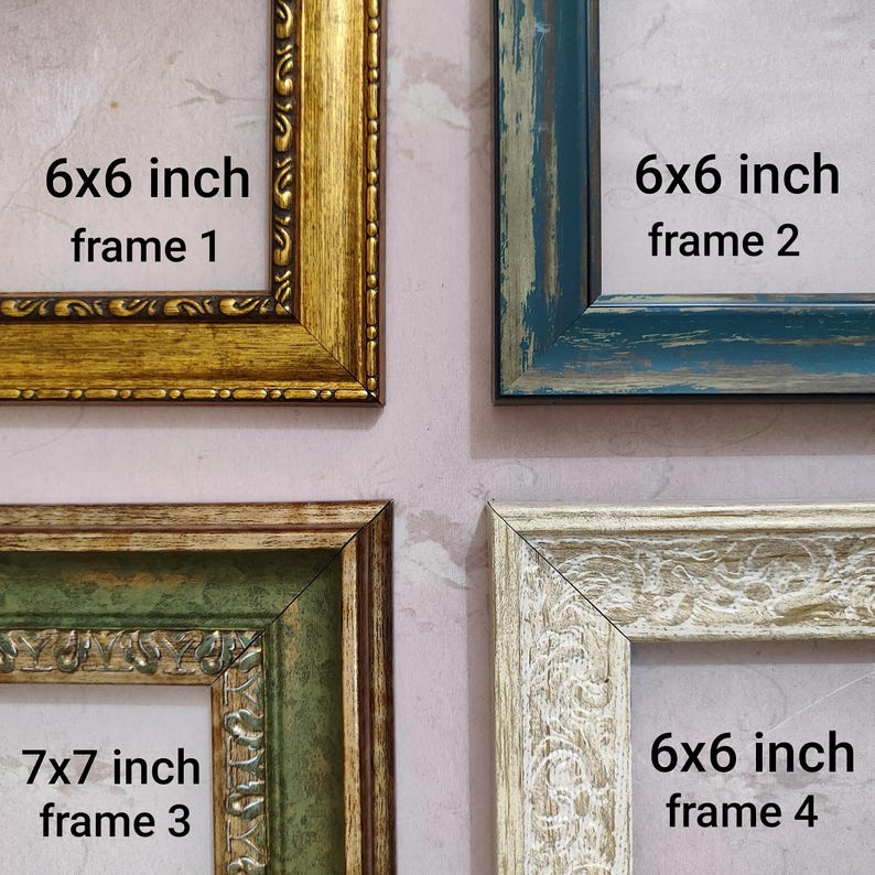 May include: Four decorative picture frames in various colors and styles. The frames are labeled as 6x6 inch and 7x7 inch. Frame 1 is gold, frame 2 is teal, frame 3 is green, and frame 4 is off-white.