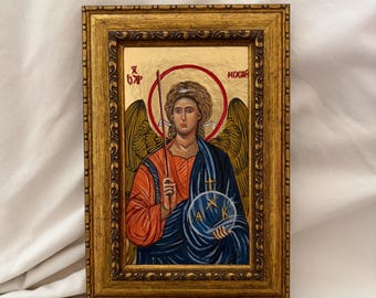 Peinture à l'huile originale de l'icône de l'archange Michael | Art religieux orthodoxe byzantin fait main | Décoration murale chrétienne Saint Michel