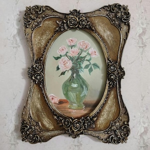 vintage style flower still life painting with vase, roses oil painting, original antique framed painting, still life oil painting, wall art.