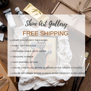 May include: A kraft box with a painting of a black cat holding a glass of wine. The painting is on a gold background. The text "Shine Art Gallery" and "FREE SHIPPING" are visible. The box contains art supplies and is wrapped in white fabric.