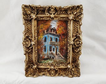 Handmade Autumn House Oil Painting | Vintage Baroque Style Frame | autumn hause wall art | autumn house  art | autumn decor