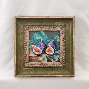 Peinture à l'huile artisanale représentant une figue : petite nature morte encadrée, art fruitier vintage, décoration murale figue, décoration figue, art mural cuisine, peinture à l'huile pour la cuisine