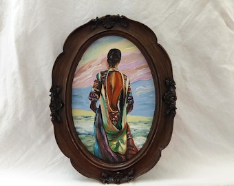 Original Oil Painting of a Woman by the Sea | Handmade Figurative Art in Vintage Gold Frame, African woman wall art, black woman painting |