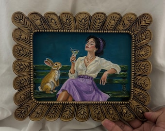 Original Woman With Rabbit Oil Painting | Cottagecore Portrait Art | Bunny Companion Artwork | Storybook Inspired Wall Decor