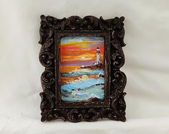 Miniatur Leuchtturm Ölgemälde | Vintage Gerahmte Ozean Kunst | Cottagecore Küstenwand-Kunst-Dekor