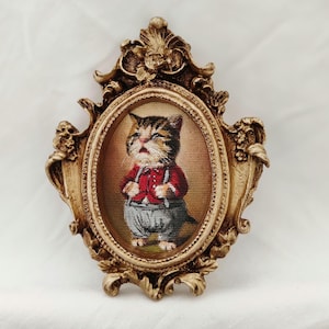 Victorian Cat Portrait Oil Painting | Framed Cat Art | Anthropomorphic Cat Painting | Vintage Gold Oval Frame | Original Cat Artwork AntiqueGold 10x13cm