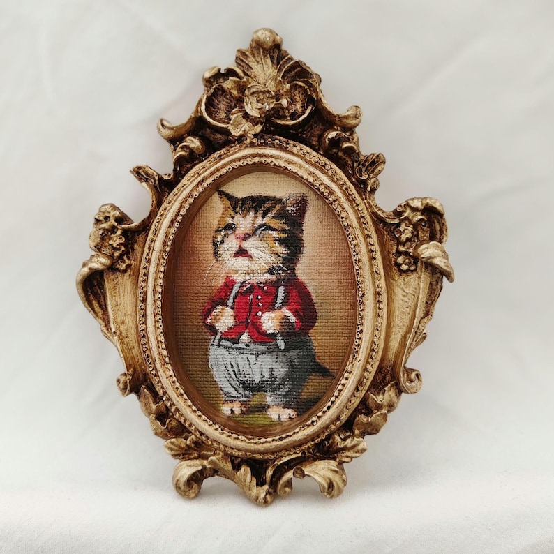Victorian Cat Portrait Oil Painting | Framed Cat Art | Anthropomorphic Cat Painting | Vintage Gold Oval Frame | Original Cat Artwork AntiqueGold 10x13cm
