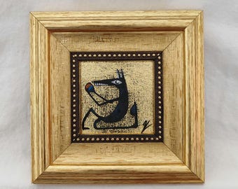 Miniature Folk Art Oil Painting | Gold Leaf Frame Whimsical Wall Decor | abstract animal oil painting on gold leaf | abstract folk art style