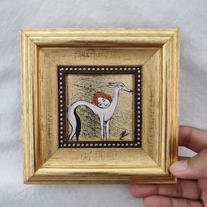 Greyhound Dog Oil Painting on Gold Leaf | Original Handmade Miniature Art with Vintage Gold Frame | Elegant Whimsical Animal Wall Art Gift