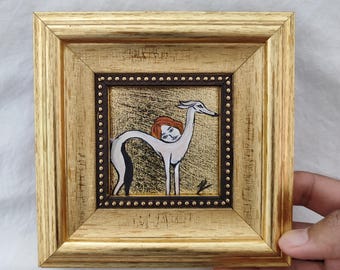 Greyhound Dog Oil Painting on Gold Leaf | Original Handmade Miniature Art with Vintage Gold Frame | Elegant Whimsical Animal Wall Art Gift