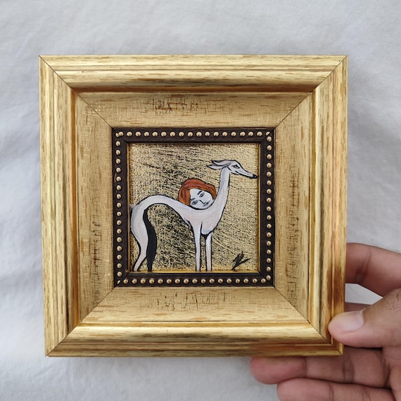 Greyhound Dog Oil Painting on Gold Leaf | Original Handmade Miniature Art with Vintage Gold Frame | Elegant Whimsical Animal Wall Art Gift