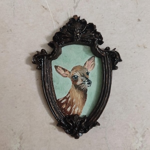 antique framed handmade gazelle oil painting, miniature vintage framed gazelle painting, antique framed painting,gazelle wall art decor.