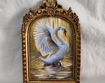 Original Swan oil painting in a gold vintage frame, original oil painting,gold antique frame artwork,Swan gliding on the lake painting