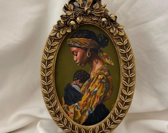 Original Black Mother and Child Oil Painting | Afrocentric Art | Ornate Oval Frame | Motherhood Portrait Artwork | black mother wall decor