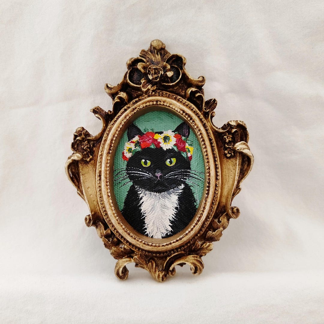 Original Black Cat Oil Painting | Floral Crown Tuxedo Cat With White ...