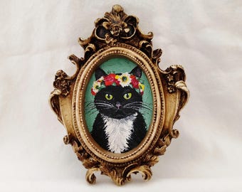 Original Black Cat Oil Painting | Floral Crown Tuxedo Cat with White Chest | Vintage Style Handmade Oil Painting | Cat Wall Art Decor
