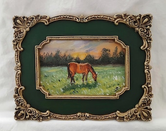 Vintage Framed Original Horse Oil Painting | Handmade Pastoral Landscape Art | Grazing Horse Meadow Scene | black Frame horse painting