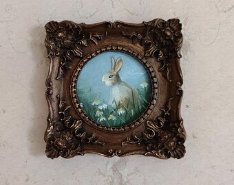 oil painting of a cute white rabbit among flowers | vintage framed rabbit painting | antique framed rabbit painting | cute rabbit painting