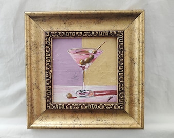 Pink Martini Still Life Oil Painting in Vintage Gold Frame | Cocktail Art Decor | Framed Bar Art for Home Decor