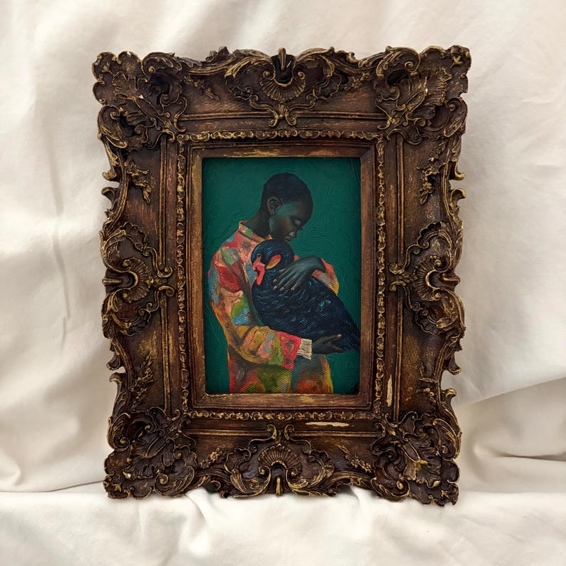Original Black Woman With Black Swan Painting | Afrocentric Art | Dark Academia Decor | Ornate Frame Art | Black Woman Holding Black Swan image 3