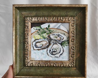 Vintage  Framed Oyster Painting, Oil Still Life in Vintage Frame – Seafood Wall Art, Coastal Decor,Handmade Beach Painting | oyster wall art