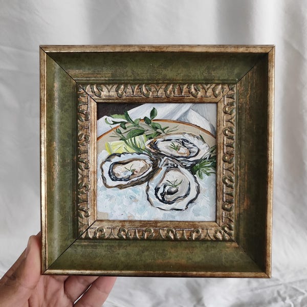 Pintura de ostras enmarcada vintage, bodegón al óleo en marco vintage: arte mural de mariscos, decoración costera, pintura de playa hecha a mano / arte mural de ostras