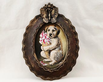 Handmade Labrador Retriever Oil Painting | Vintage Framed Dog Art | cute dog holding ıce cream in antique oval frame | whimsical animal art