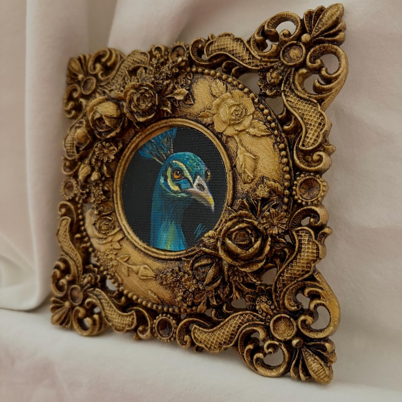 Vintage Peacock Miniature Painting| Ornate Antique Gold Frame | Hand Painted Peacock Portrait | Baroque Style Wall Art Decor | bird painting image 8