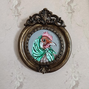 Antique style rooster oil painting, old gold frame. funny rooster painting, funny animal oil painting,kitchen funn wall art,