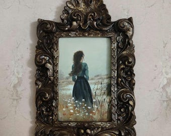 Handmade Oil Painting: Woman in Field, Gold Ornate Frame (24x15 cm) | woman wall decor | wall oil painting | wall wall art