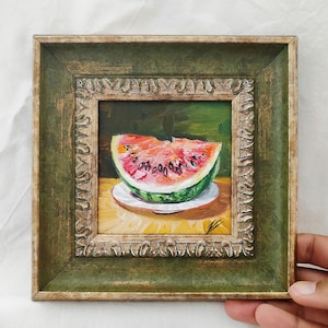 Original Watermelon Oil Painting – Fruit Kitchen Wall Art with Vintage Frame, Farmhouse Kitchen Decor, Garden Gift