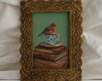 Original Robin Bird Oil Painting | Vintage Teacup Art | Cottagecore Wall Decor | Bird Lover Gift | Antique Still Life | Framed Tea Artwork