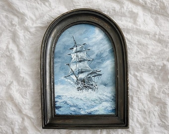 Vintage Ship Oil Painting | Arched Frame Nautical Art | Stormy Sea Maritime Wall Decor | Handmade Antique Style Artwork