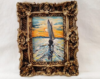 Framed Seascape Painting: Handmade Nautical Art with Sailboat