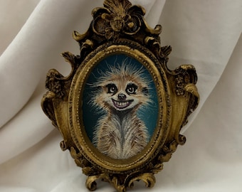 Pintura al óleo original de un suricato / Retrato divertido de un animal / Arte vintage enmarcado / Decoración ecléctica para el hogar / Tapiz de pared único