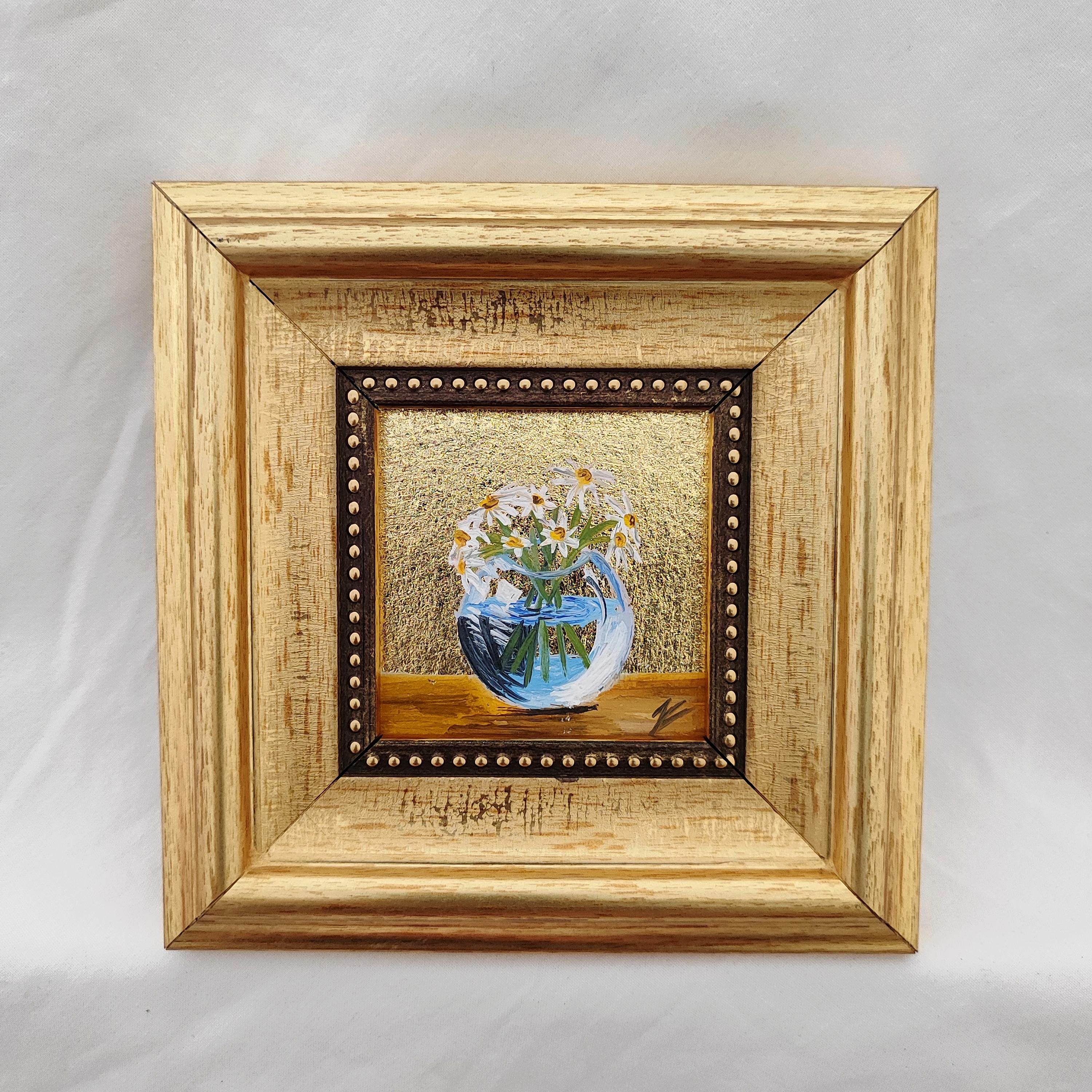 Gold Leaf Daisy Oil Painting: Vintage Gilt Frame, Small Floral Art, botanical floral wallart