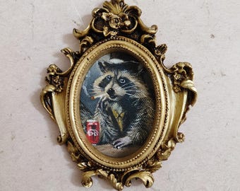 Vintage Oil Painting | Framed Raccoon Enjoying Cola & Cigarette iniature Raccoon Oil Painting | Victorian Animal Portrait in Vintage Frame