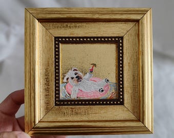 Funny Dog oil Painting on Gold Leaf,5.5 Inch Original Signed Miniature Artwork,Birthday Gift,Gold Frame dog painting,modern dog oil painting