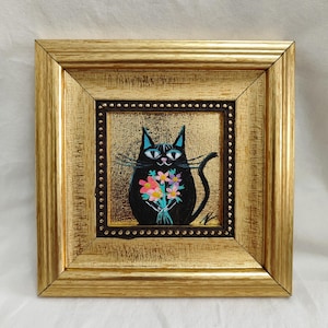 Black Cat Oil Painting – Minimalist Cat Art, Gold Leaf Pet Portrait, Cat Lover Gift, 5.5x5.5 inch Framed Miniature Art,Cat wall art