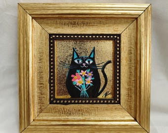 Black Cat Oil Painting – Minimalist Cat Art, Gold Leaf Pet Portrait, Cat Lover Gift, 5.5x5.5 inch Framed Miniature Art,Cat wall art