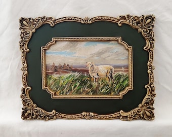 Sheep Oil Painting | Vintage Framed Wall Art | Original Farm Animal Artwork | Handmade Rustic Decor | Cottagecore Painting