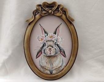 Vintage gerahmtes Ölgemälde des vierohrigen Kaninchens mit Blumenkrone |  Skurrile Häschen-Wand-Kunst | Skurril Tier Dekor | vintage Kinderzimmer