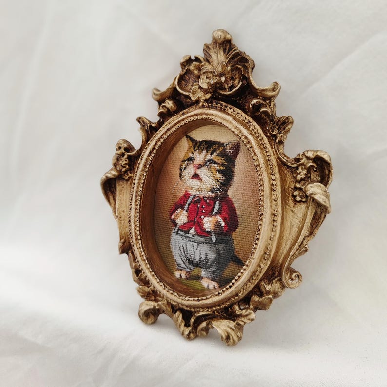 Victorian Cat Portrait Oil Painting | Framed Cat Art | Anthropomorphic Cat Painting | Vintage Gold Oval Frame | Original Cat Artwork bild 3