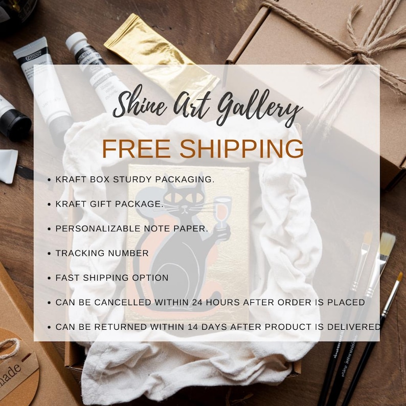 May include: A kraft box with a painting of a black cat holding a glass of wine. The painting is on a gold background. The text "Shine Art Gallery" and "FREE SHIPPING" are visible. The box contains art supplies and is wrapped in white fabric.